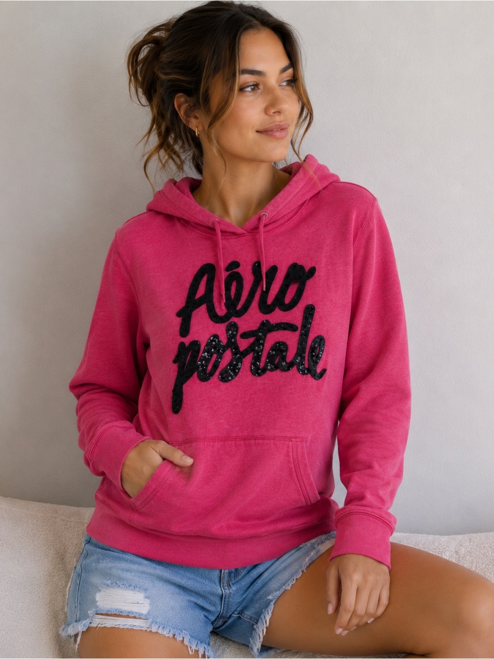 Aeropostale Hoodie‎ Sweatshirt Pullover Sparkle Logo Pink Comfy Casual S